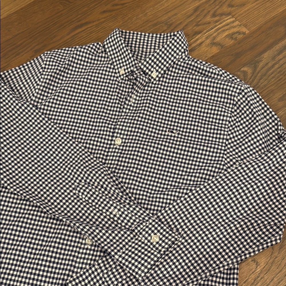 Boys performance button down Shirt navy and white gingham